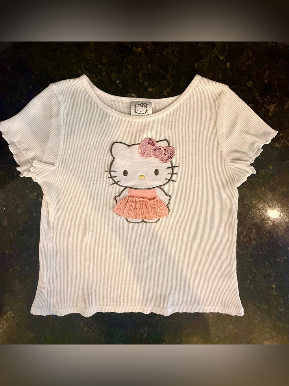Sanrio Hello Kitty White Ribbed Tee decorated w/Pink Bow and Pink Skirt size 6
